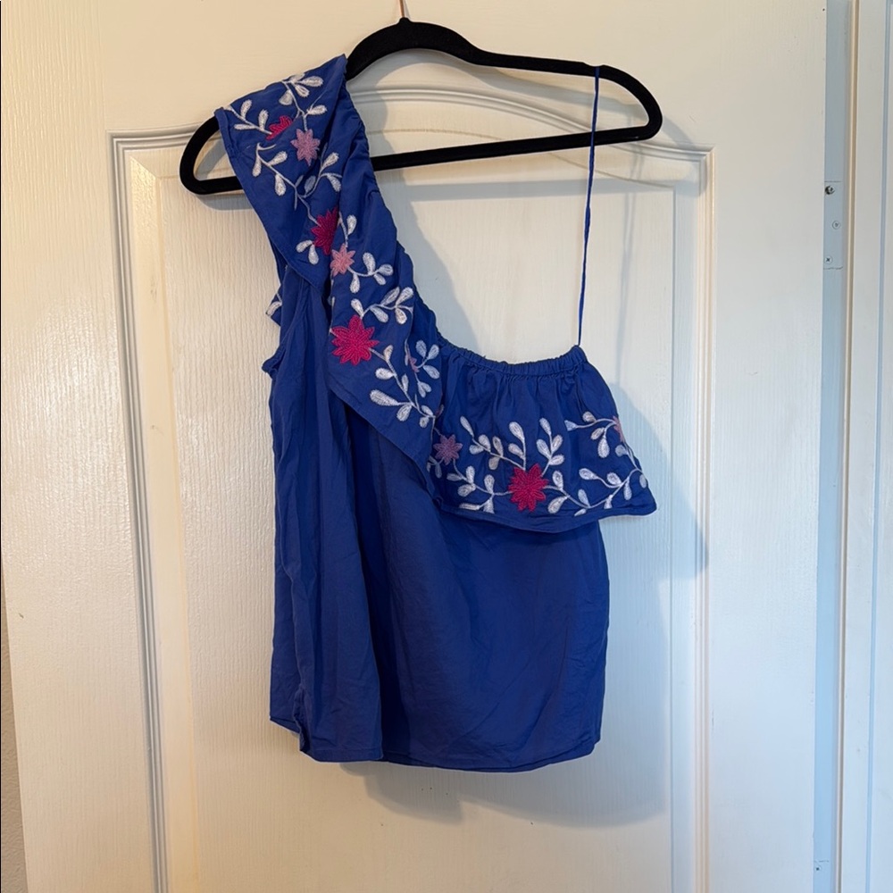 Blue One-Shoulder Top with Floral Embroidery